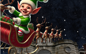 An elf flying in Santa's Sleigh. Shrewsbury Prison is in the background.